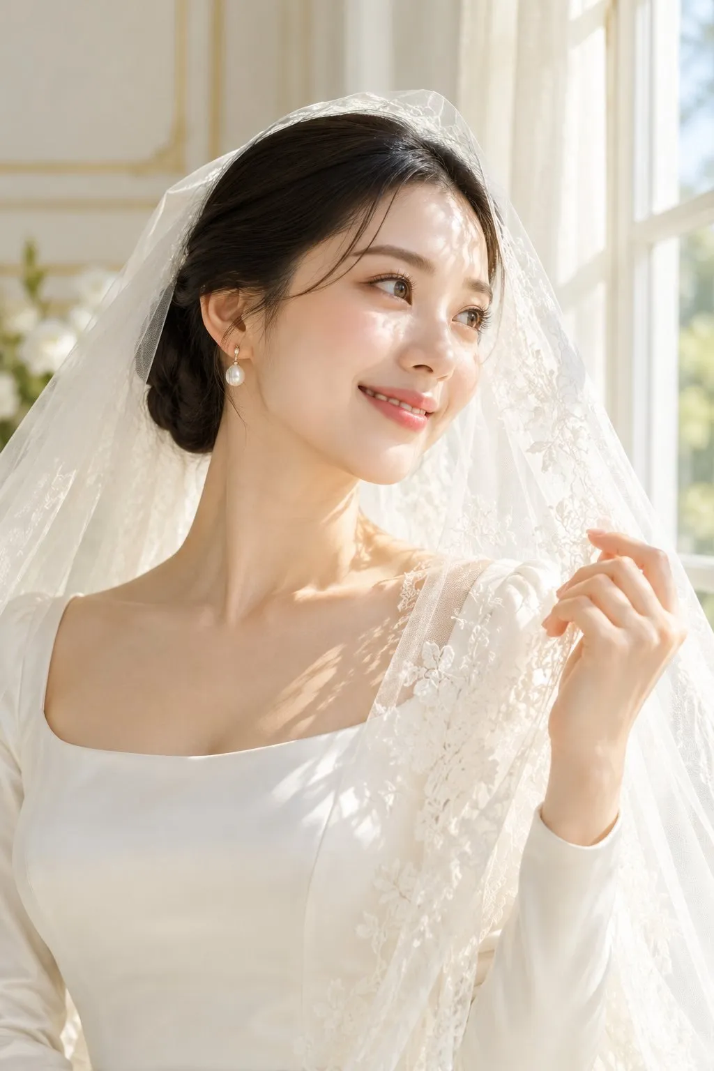 Ritratto di una sposa illuminata dalla morbida luce del mattino accanto a una finestra