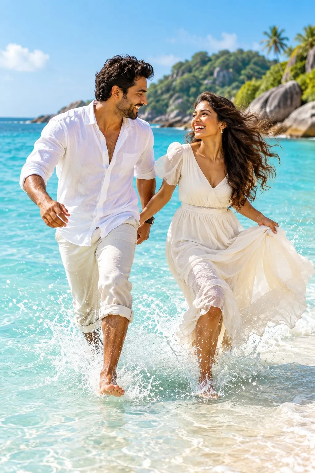 Mariés posant au bord de l’eau dans le style de mariage Bord de mer