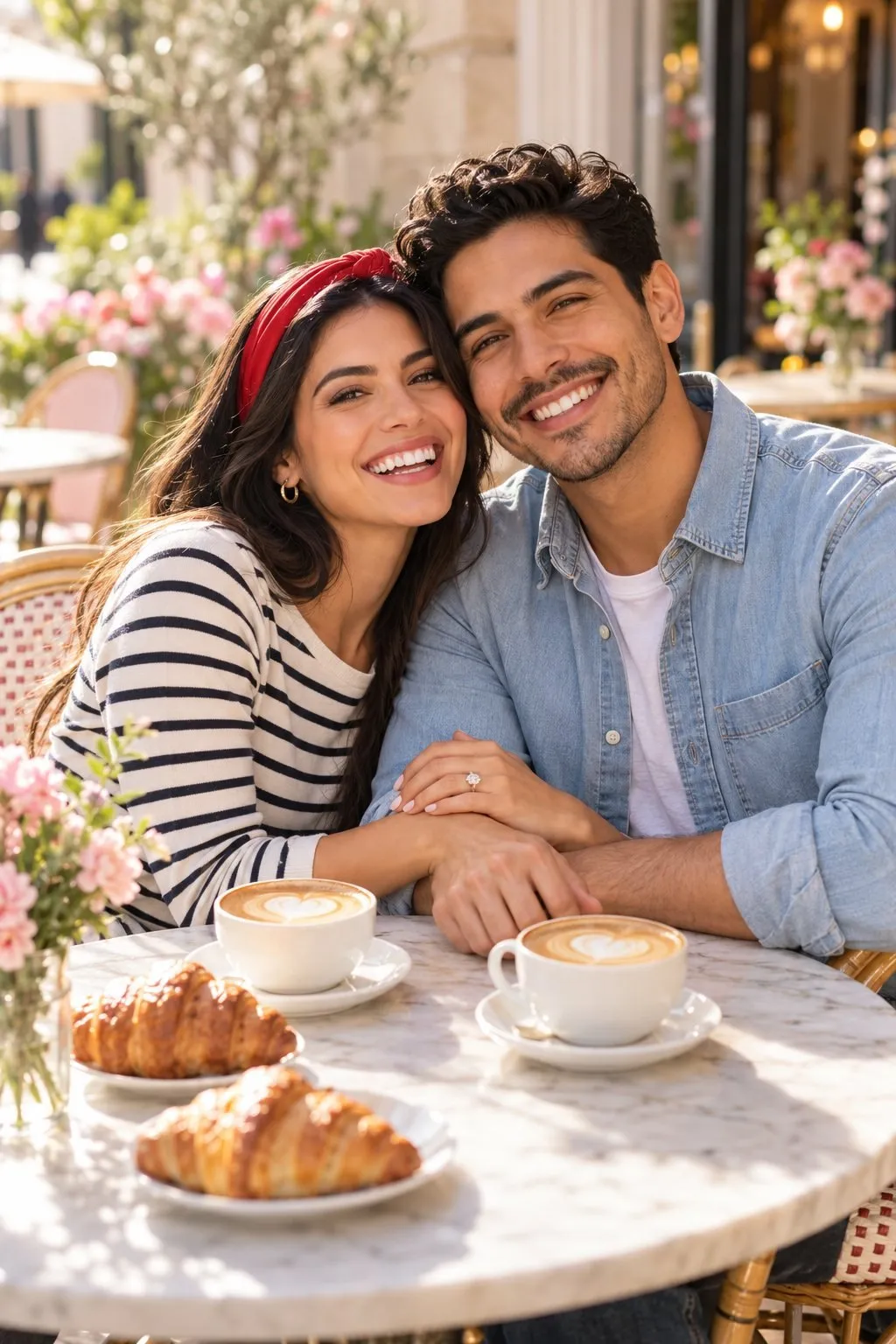 Couple assis face à face dans un café, souriant autour de deux tasses