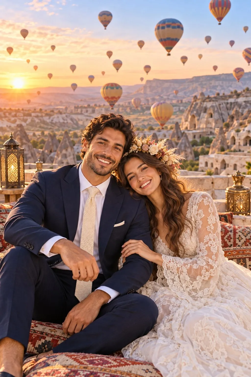 Photo mariage Cappadoce avec la mariée et le marié devant des montgolfières dans le ciel