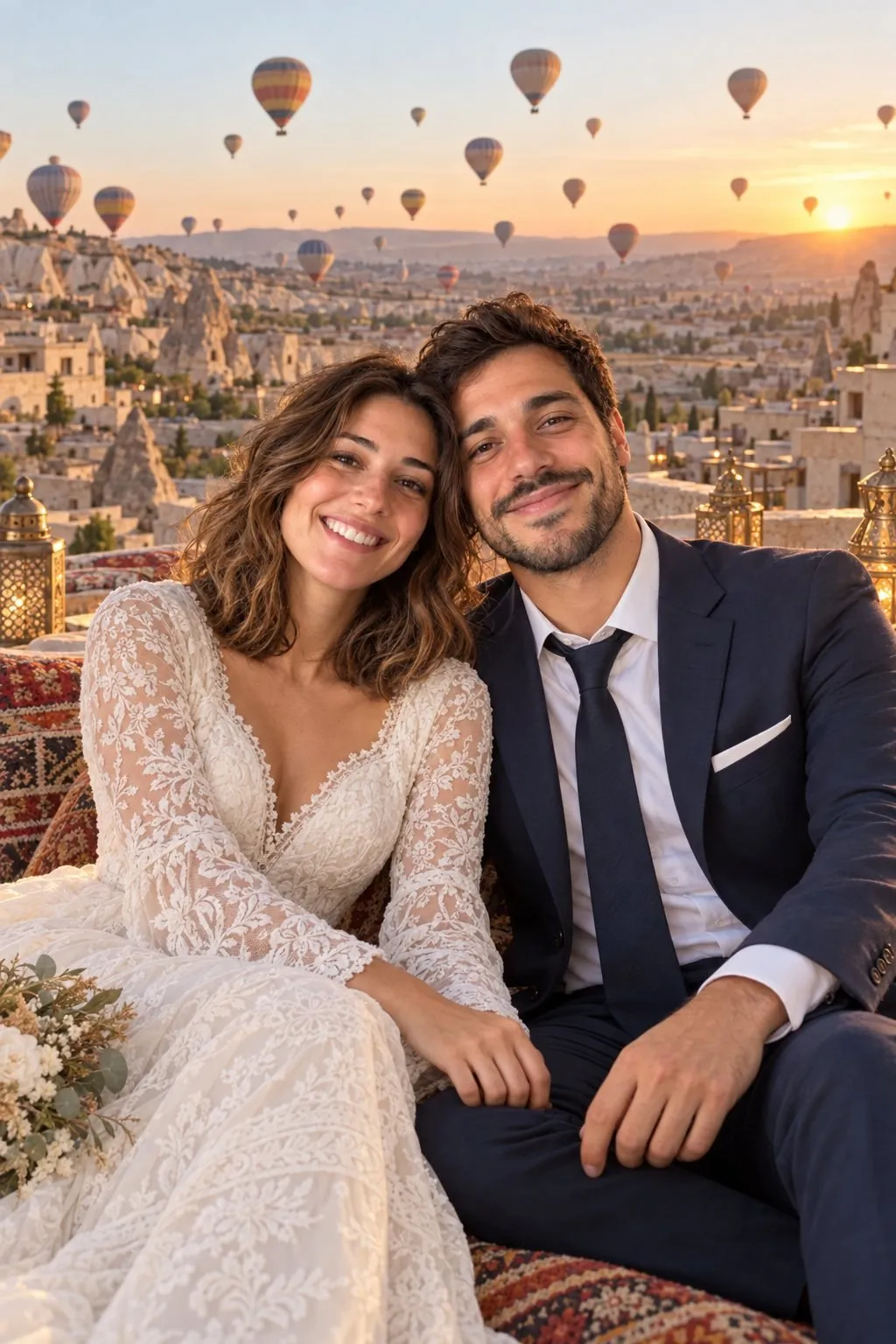 Couple en robe de mariée et costume sur une terrasse en Cappadoce avec des montgolfières