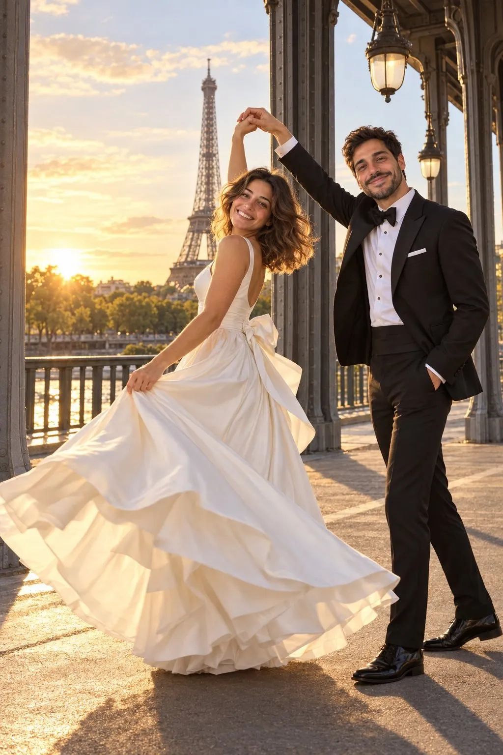 Foto per il matrimonio a Parigi: coppia in abito da sposa e completo vicino alla Torre Eiffel