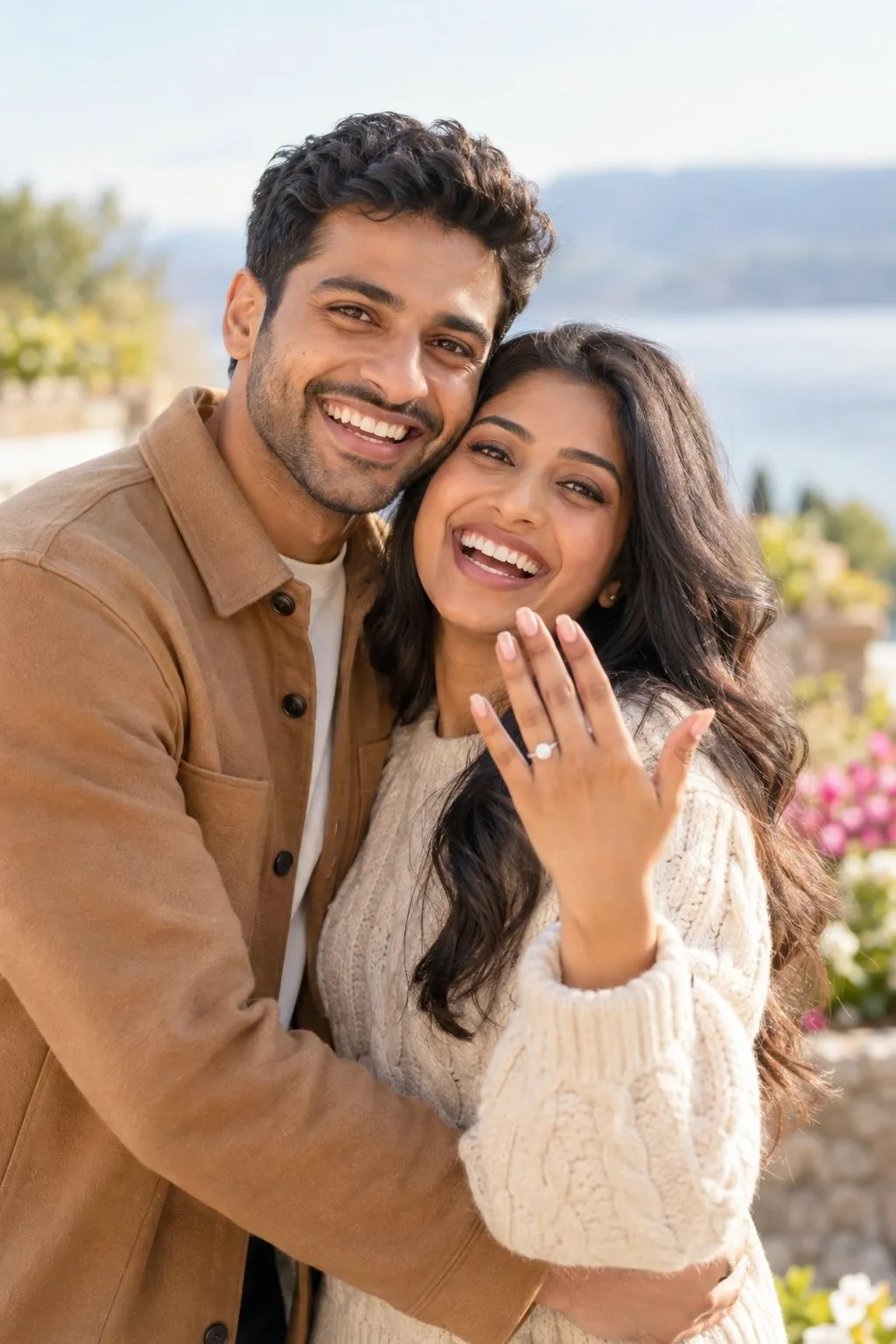 Idées photo fiançailles : gros plan sur les mains d'un couple avec la bague de fiançailles