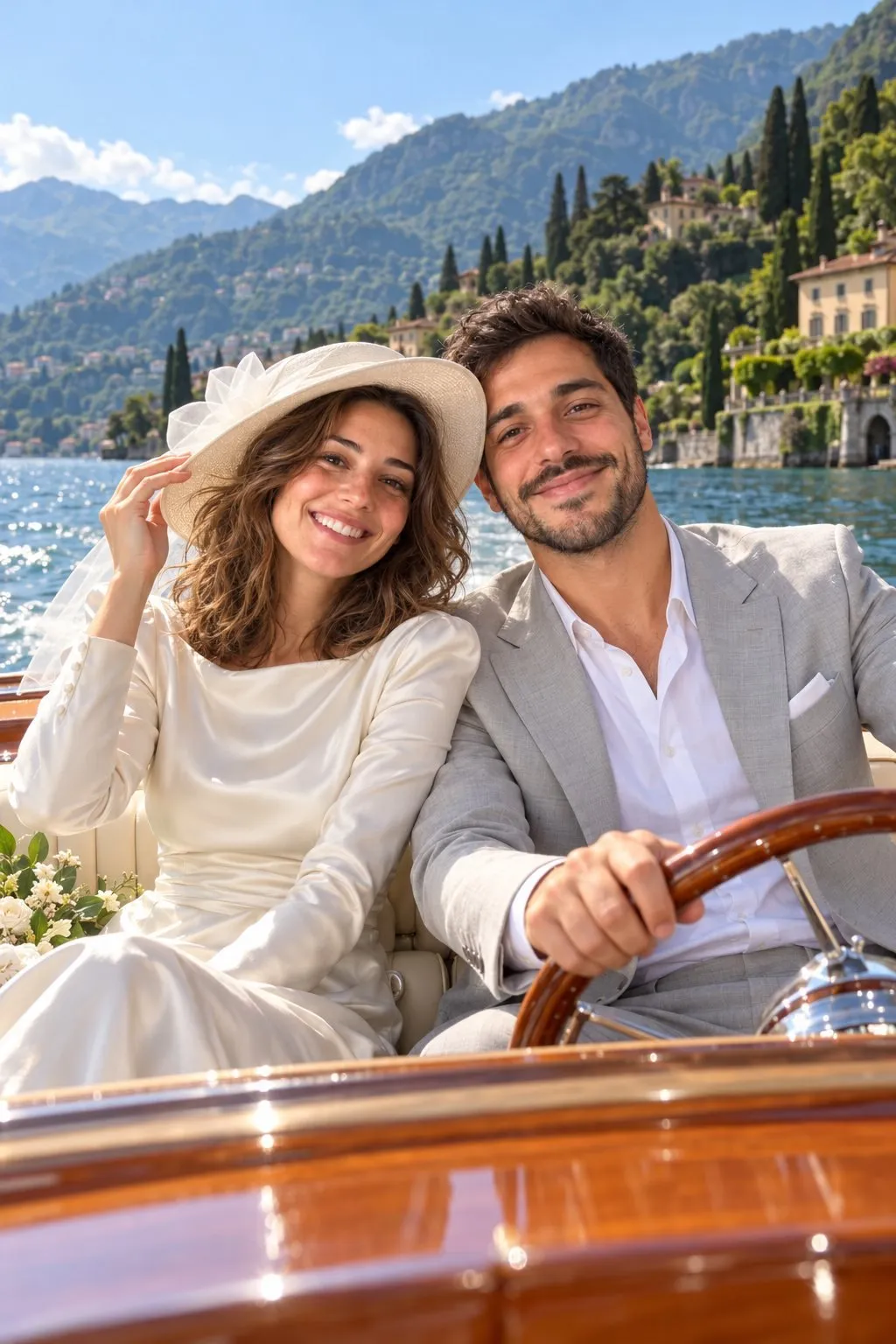 Coppia vestita da sposi sul lago di Como, creata da una foto per IA ben scattata