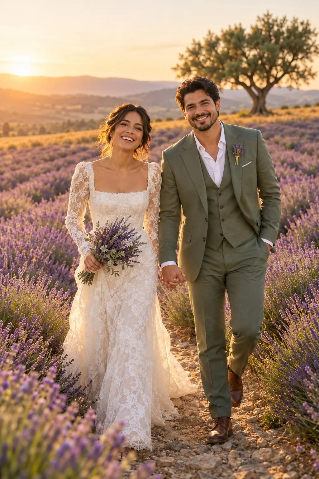 Couple enlacé au milieu d'un champ de lavande violet au coucher du soleil