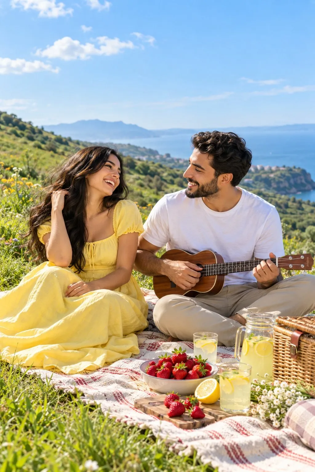 Couple pique-niquant sur l'herbe avec une nappe, un panier et des fruits frais