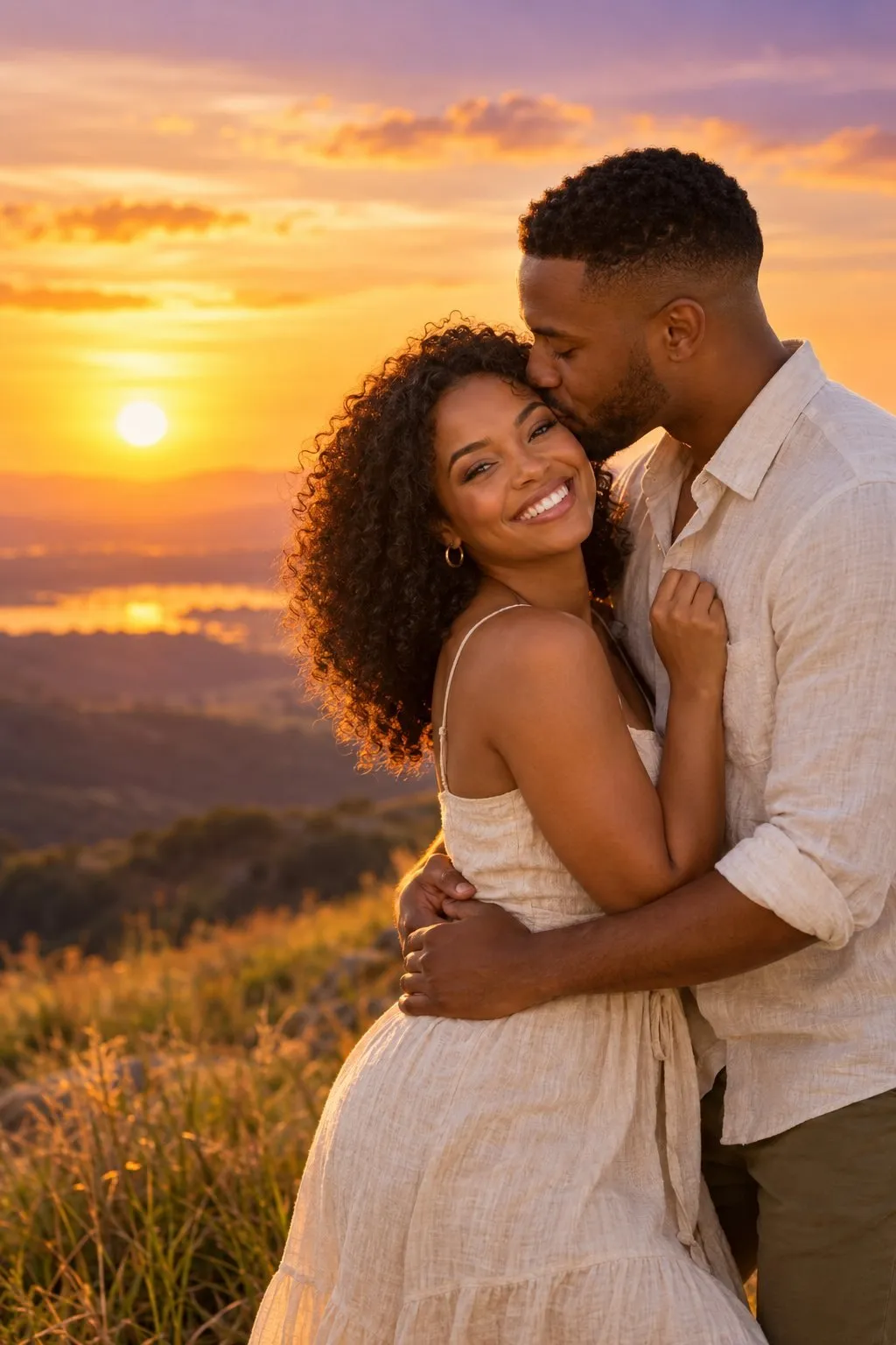 Couple enlacé sur une colline au coucher du soleil