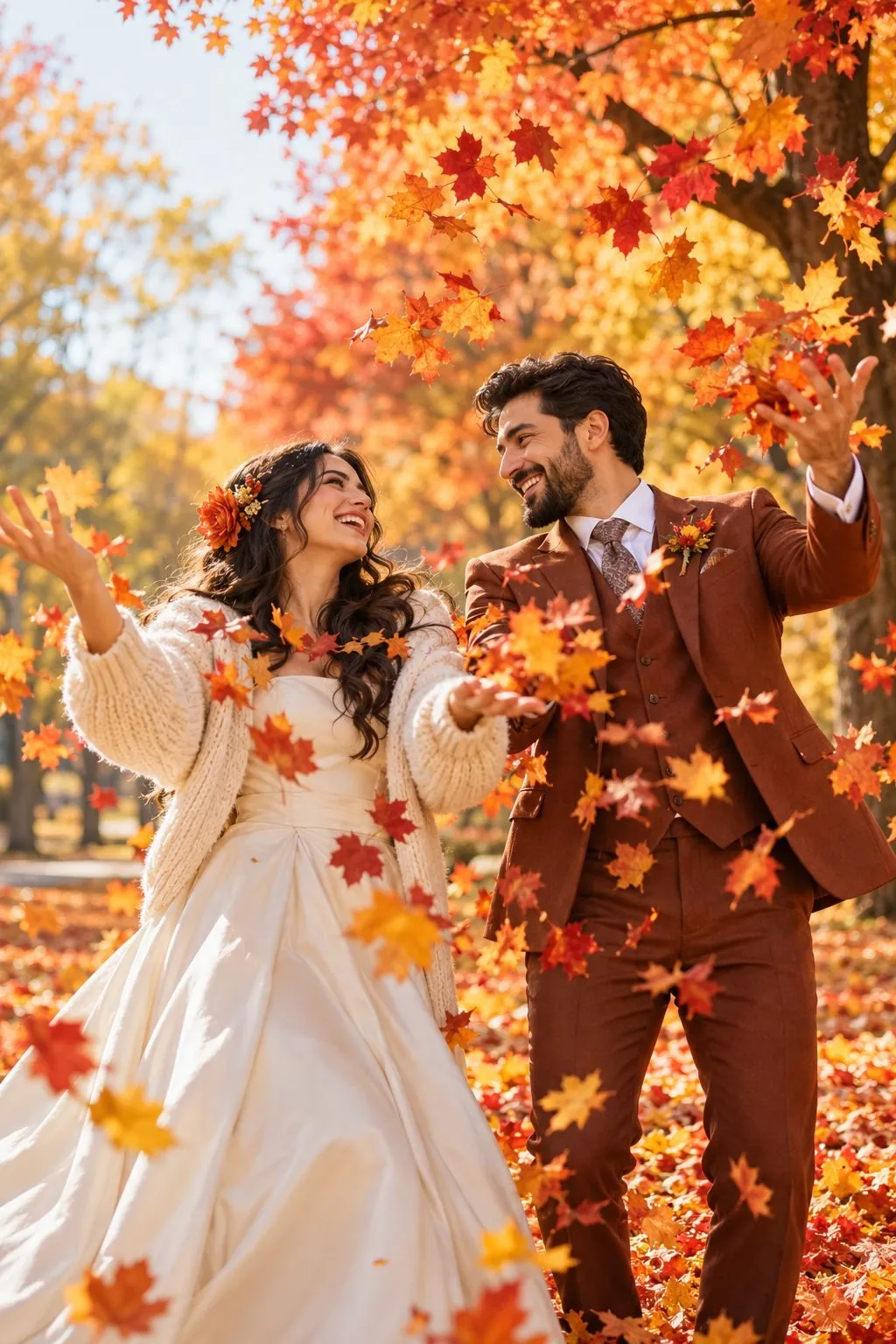 Couple marchant main dans la main parmi les feuilles d'automne dans un parc