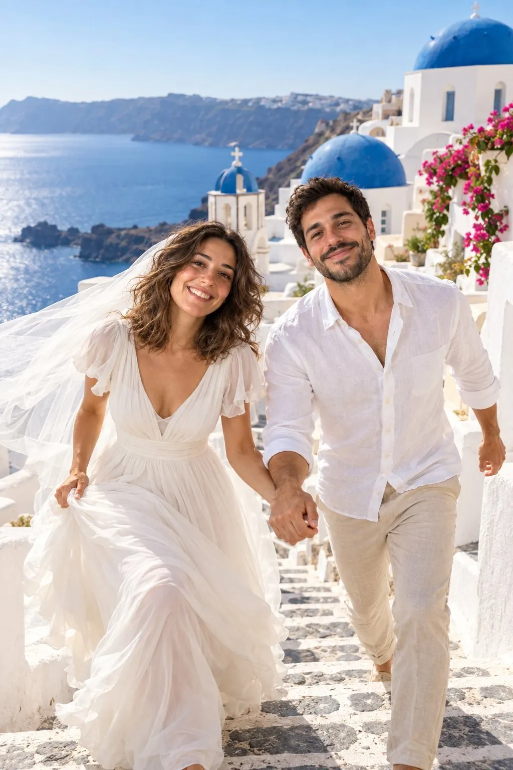Esempio di foto matrimonio con AI: la stessa coppia vestita da sposi davanti alle case bianche di Santorini