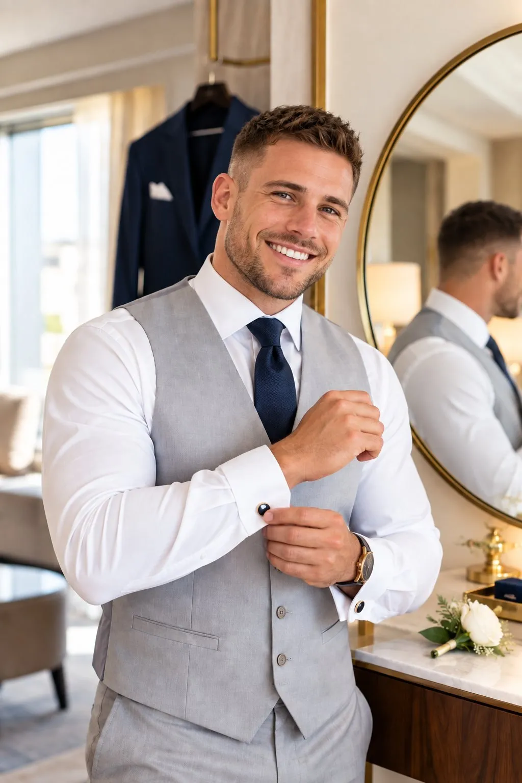 Marié ajustant son costume pendant les préparatifs le matin du mariage
