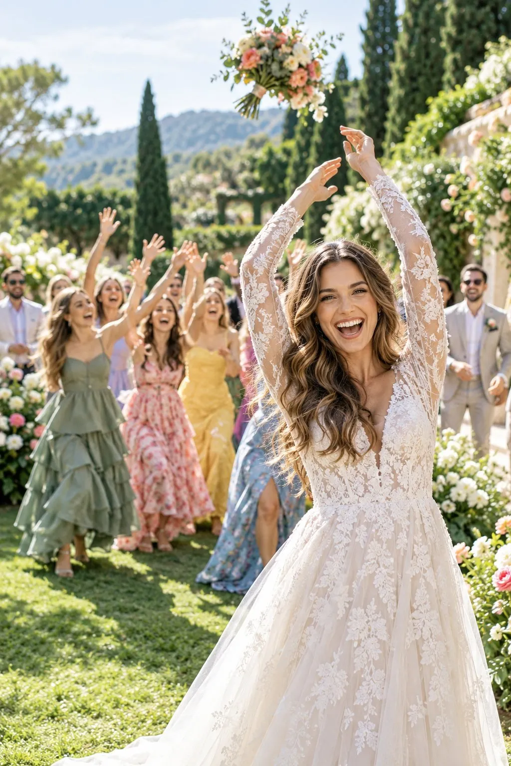 Mariée de dos lançant son bouquet haut dans les airs vers les invités