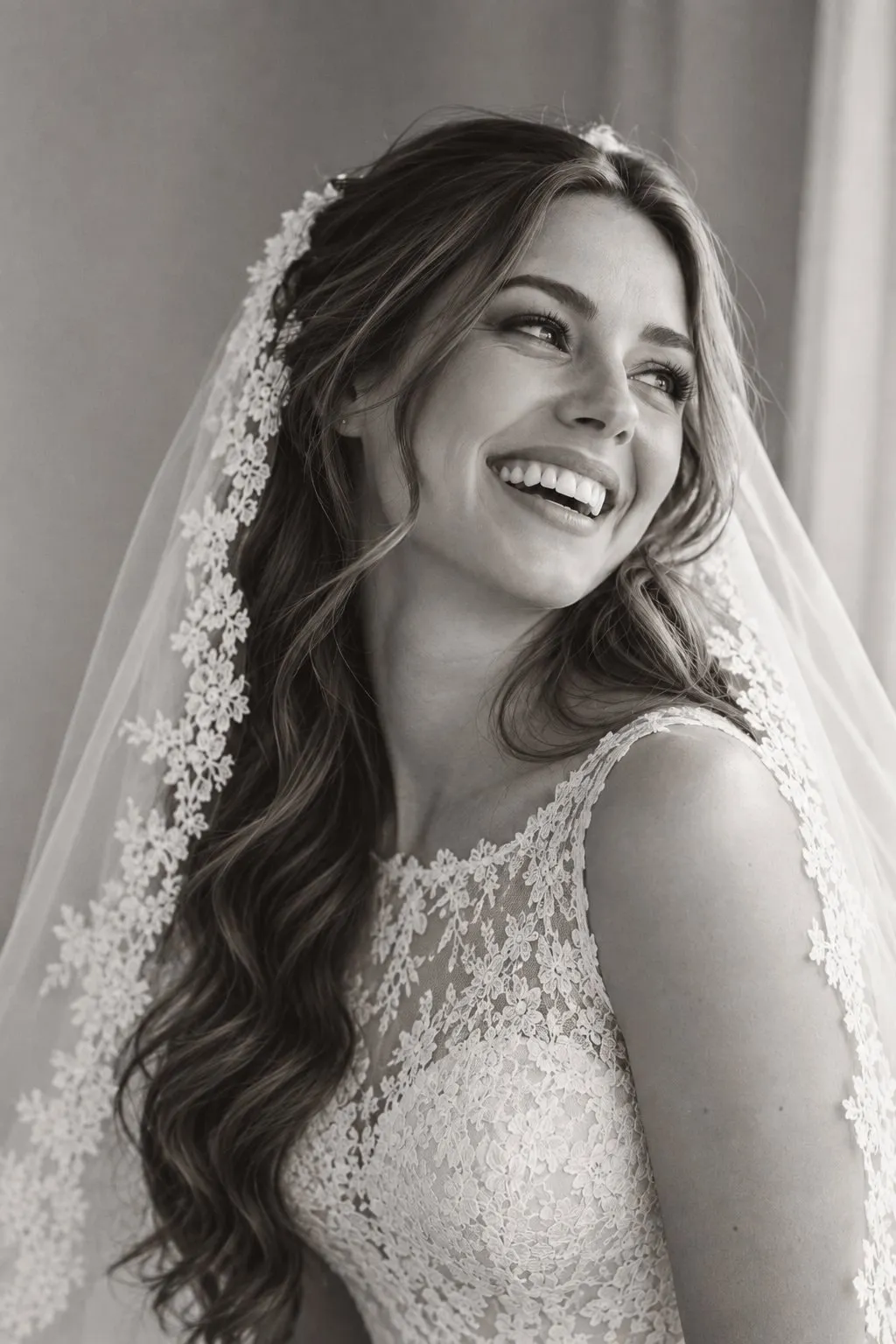 Ritratto di sposa in bianco e nero, con velo e luce morbida