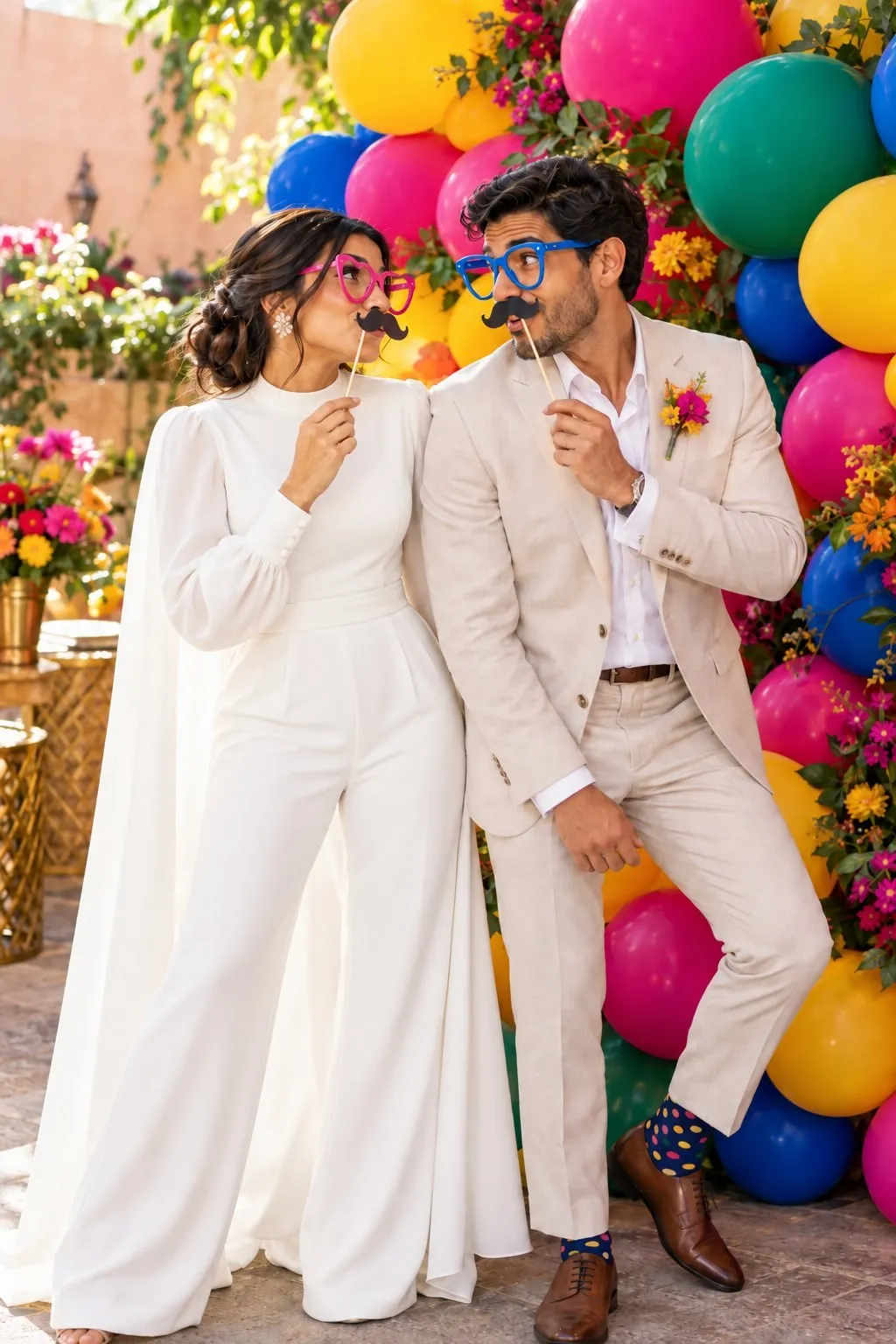 Mariés qui rient avec des accessoires dans un photobooth de mariage